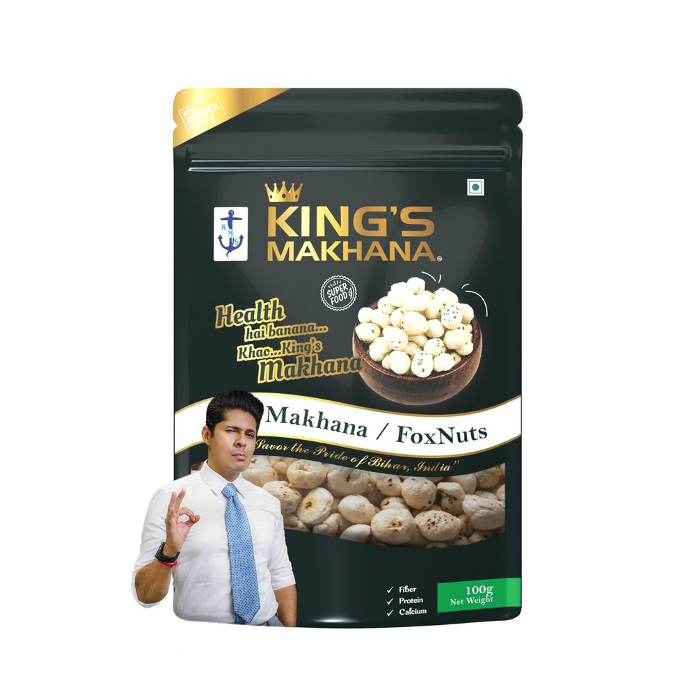 BIG SIZE King's Makhana - Premium Roasted Foxnuts (Raw Makhana) | Big Size Makhana | Healthy & Crunchy Snack | Resealable Zip-Lock Pack for Freshness | 100g