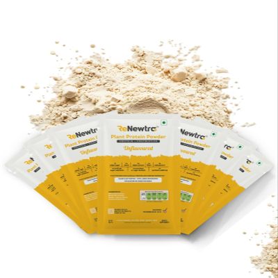Renewtra Plant Protein Powder | Gut-Friendly Postbiotics | Third Party Lab Tested | 0 Sugar |No Artificial Additives | Complete Amino Acid Profile | 20g Protein | Vegan | (Pack of 4 Single Serve Sachets, Unflavoured)