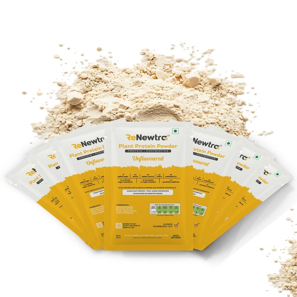 Renewtra Plant Protein Powder | Gut-Friendly Postbiotics | Third Party Lab Tested | 0 Sugar |No Artificial Additives | Complete Amino Acid Profile | 20g Protein | Vegan | (Pack of 4 Single Serve Sachets, Unflavoured)