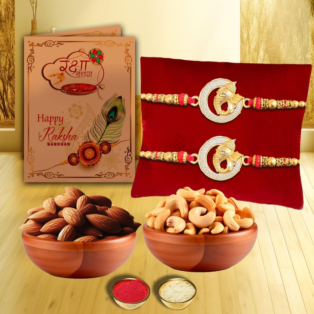 AWANI TRENDS Rakhi Gift For Brother Gold Plated Ganesh Rakhis with Almonds and Cashew Gift pack Dry Fruits Combo - Rakshabandhan Gift Combo (Cashew & Almonds)