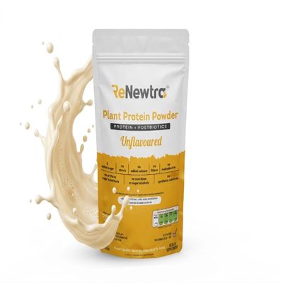 Renewtra Plant Protein Powder | Gut-Friendly Postbiotics | Third Party Lab Tested | 0 Sugar | No Artificial Additives | Complete Amino Acid Profile | 20g Protein | Vegan | (500 grams, Unflavoured)