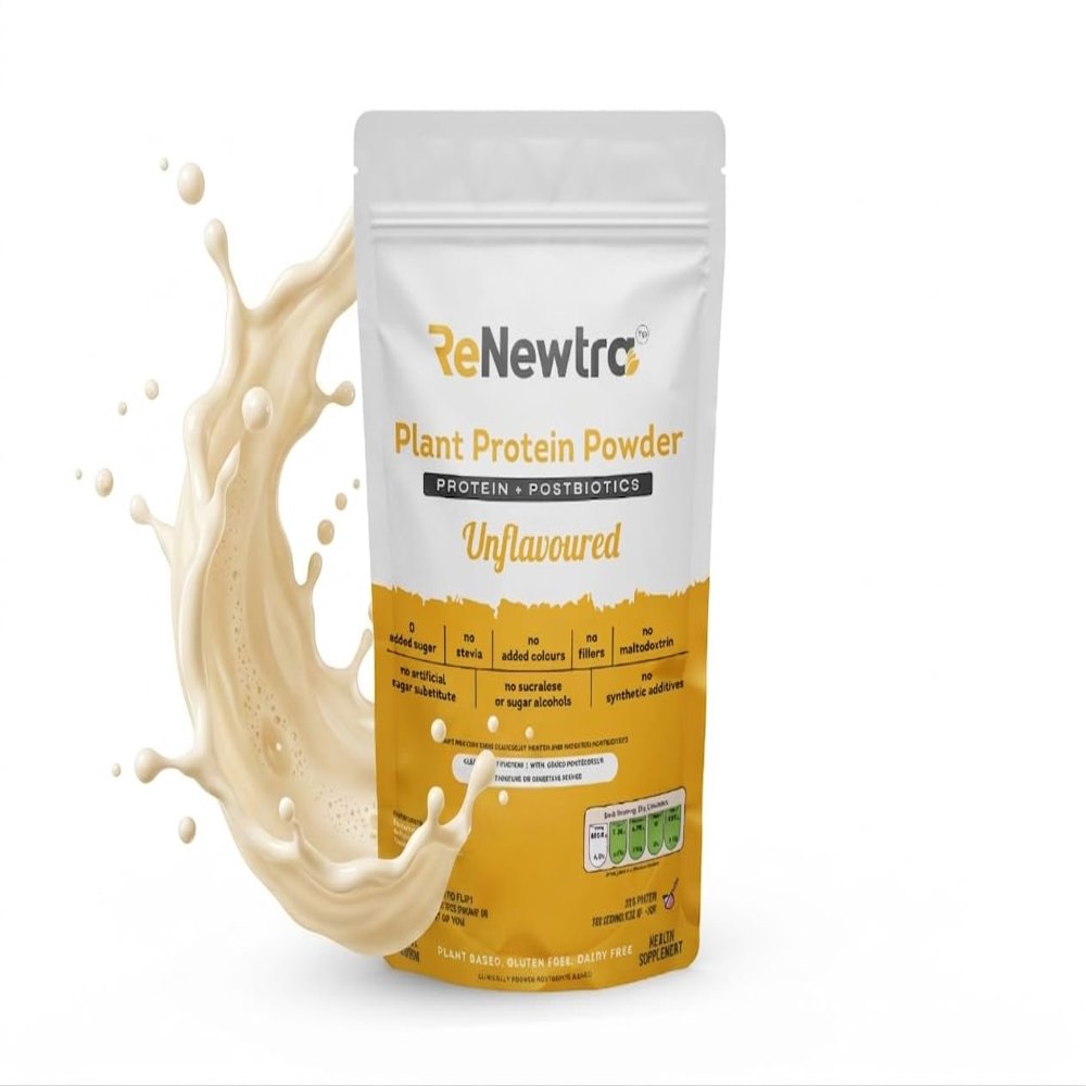 Renewtra Plant Protein Powder | Gut-Friendly Postbiotics | Third Party Lab Tested | 0 Sugar | No Artificial Additives | Complete Amino Acid Profile | 20g Protein | Vegan | (500 grams, Unflavoured)