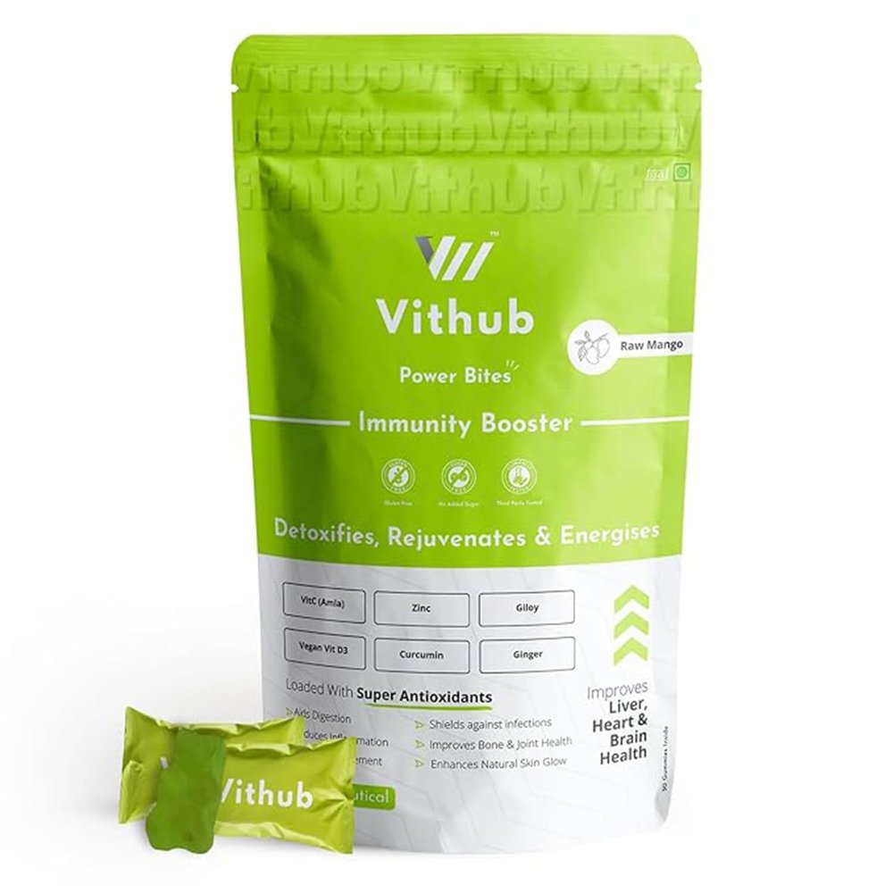 VitHub Immunity Booster Gummies with Vegan VitD3, Zinc, VitC (Amla), Curcumin, Ginger & Giloy, No Added Sugar, NABL Certified & Third Party Tested, Detox & Energy, Raw Mango (30 Days Pack)