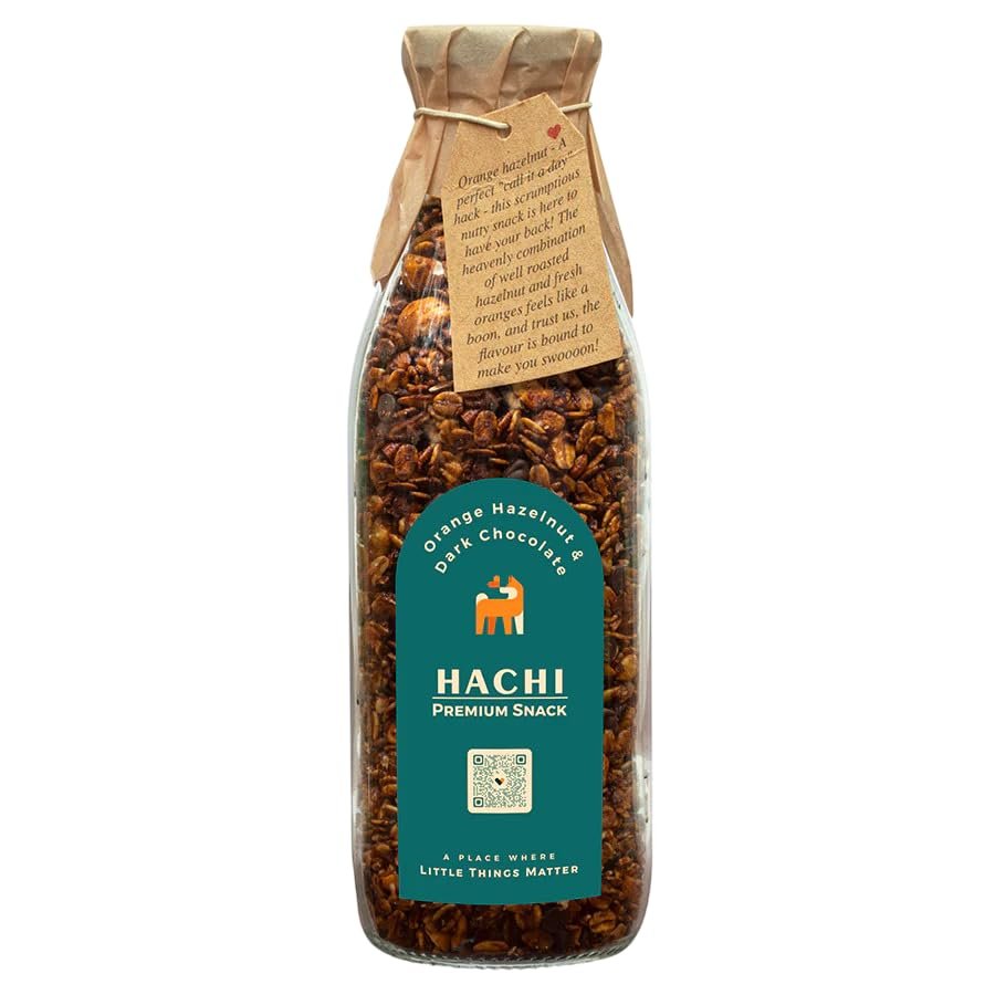 Hachi Orange Hazelnut & Dark Chocolate Granola 150 Gm | Oats, Chocochips, Fresh Fruit Juice, Nuts & Seeds | Fiber, Proteins & Healthy Fats Rich | Gluten-Free, Vegan, Healthy & Nutritious Cereals |