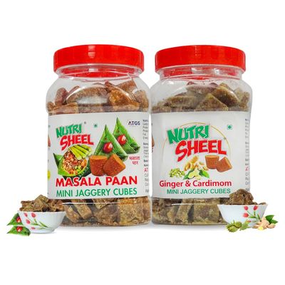 AT GLOBAL SETU Masala Paan and Ginger and Cardimom Mini Organic Jaggery Cubes No Preservatives Added