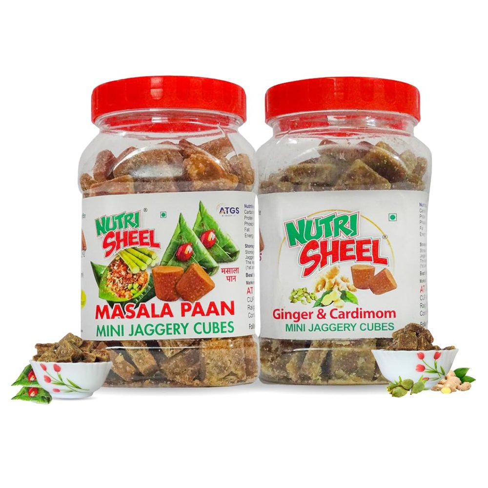 AT GLOBAL SETU Masala Paan and Ginger and Cardimom Mini Organic Jaggery Cubes No Preservatives Added