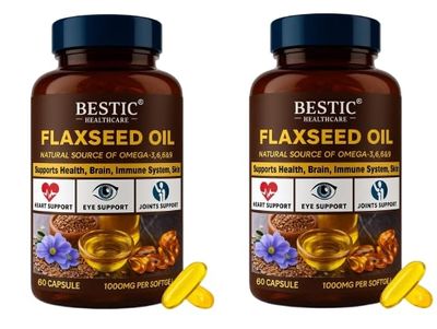 Bestic Health Care Omega 3-6-9 Flaxseed Oil 60 Capsules, Extracted From Premium Flax Seeds, Support Heart, Brain, Skin, And Joint Health Naturally (Pack of 2)