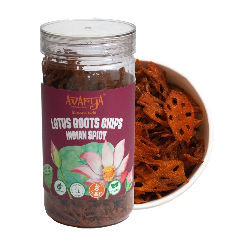 Avarya Crispy Lotus Root Chips | Savory & Wholesome Vegan Snack | Low Oil | Healthy Chips Alternative - 100g Pack (100 GMS, Indian Spicy)