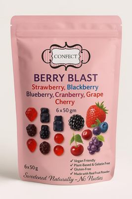 Confect Berry Blast Fruity Gummies Combo | Strawberry, Blackberry, Blueberry, Cranberry, Grape & Cherry Flavors | 6 x 50g Packs | Chewy Berry Candy Assortment | Gluten-Free, No Corn Syrup - 300 Gms