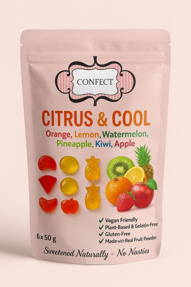 Confect Citrus & Cool Fruity Gummies Combo | Orange, Lemon, Watermelon, Pineapple, Kiwi & Apple Flavors | 6 x 50g Packs | Chewy Fruit Candy Mix | Gluten-Free, No Corn Syrup - 300 Gms