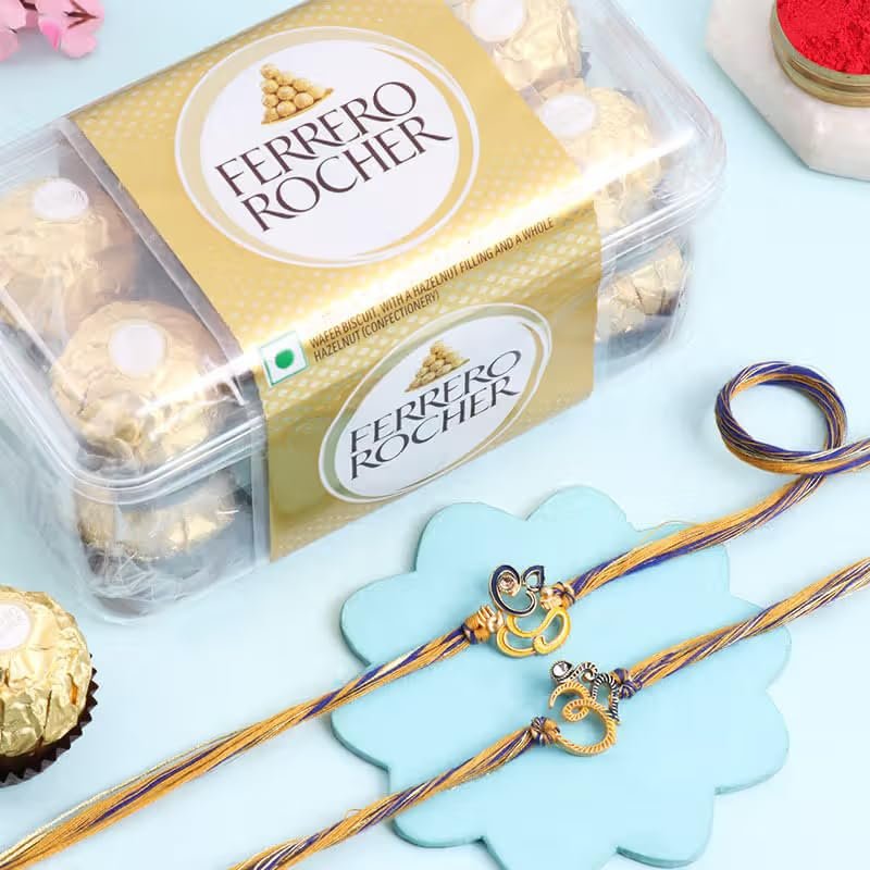 FlowerAura Premium Handcrafted Set Of 2 Spiritual Charm Rakhi With Pack of 16 Choco Balls Include Roli Chawal Set - Rakhi Gift Hamper For Brother, Bhai, Kids, Bhaiya, Cousins