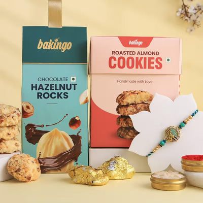 FlowerAura Premium Handcrafted Mahadev Divine Rakhi With Hazelnut Rocks & Almonds Cookies Include Roli Chawal Set - Rakhi Gift Hamper For Brother, Bhai, Kids, Bhaiya, Cousins