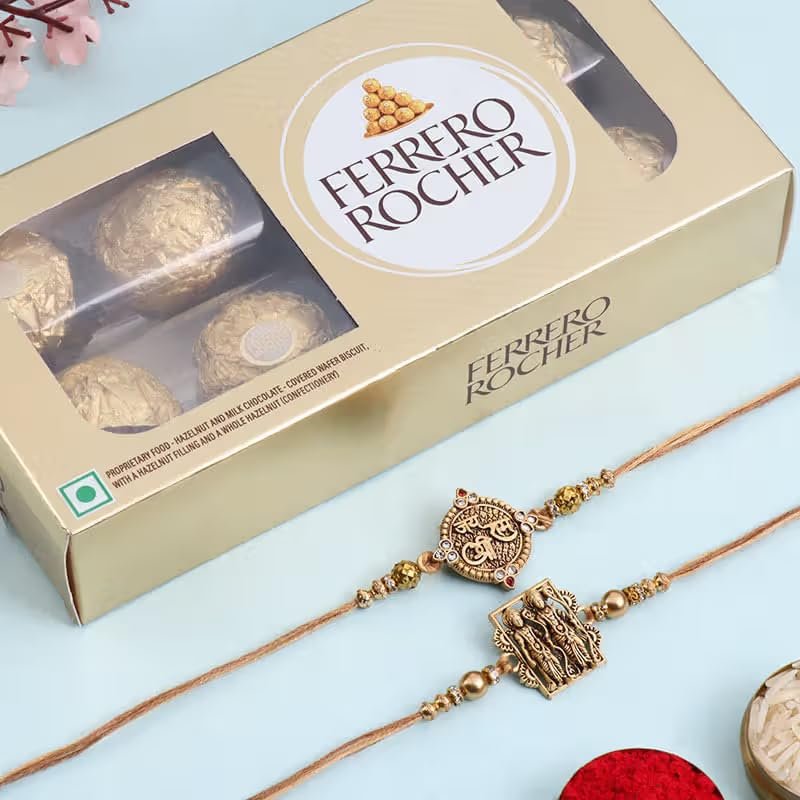 FlowerAura Premium Handcrafted Set of 2 Shri Ram Divine Rakhi With Pack of 8 Choco Balls Include Roli Chawal Set - Rakhi Gift Hamper For Brother, Bhai, Kids, Bhaiya, Cousins