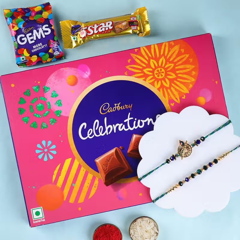 FlowerAura Premium Handcrafted Set of 2 Peacock Rakhi With Chocolate Box Include Roli Chawal Set - Rakhi Gift Hamper For Brother, Bhai, Kids, Bhaiya, Cousins