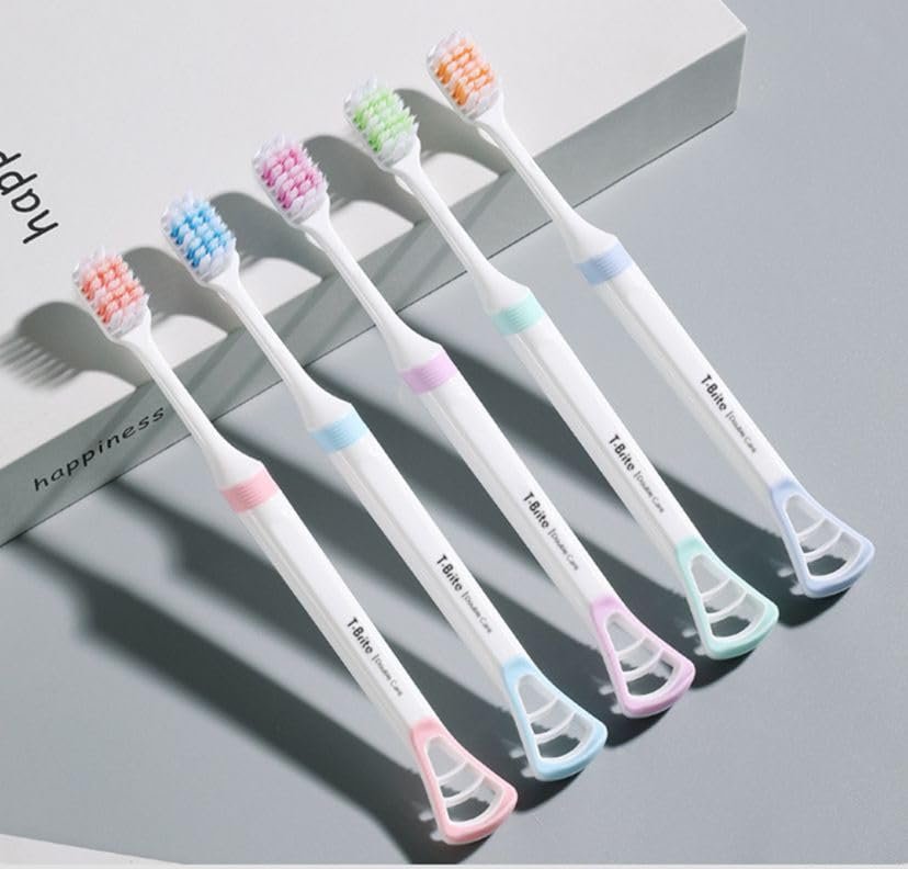 AASHRIT 2 in 1 Soft Manual Toothbrush and Tongue Cleaner Scraper for Men and Women, Kids, Adults-Set of 5 Pcs (Multicolour)