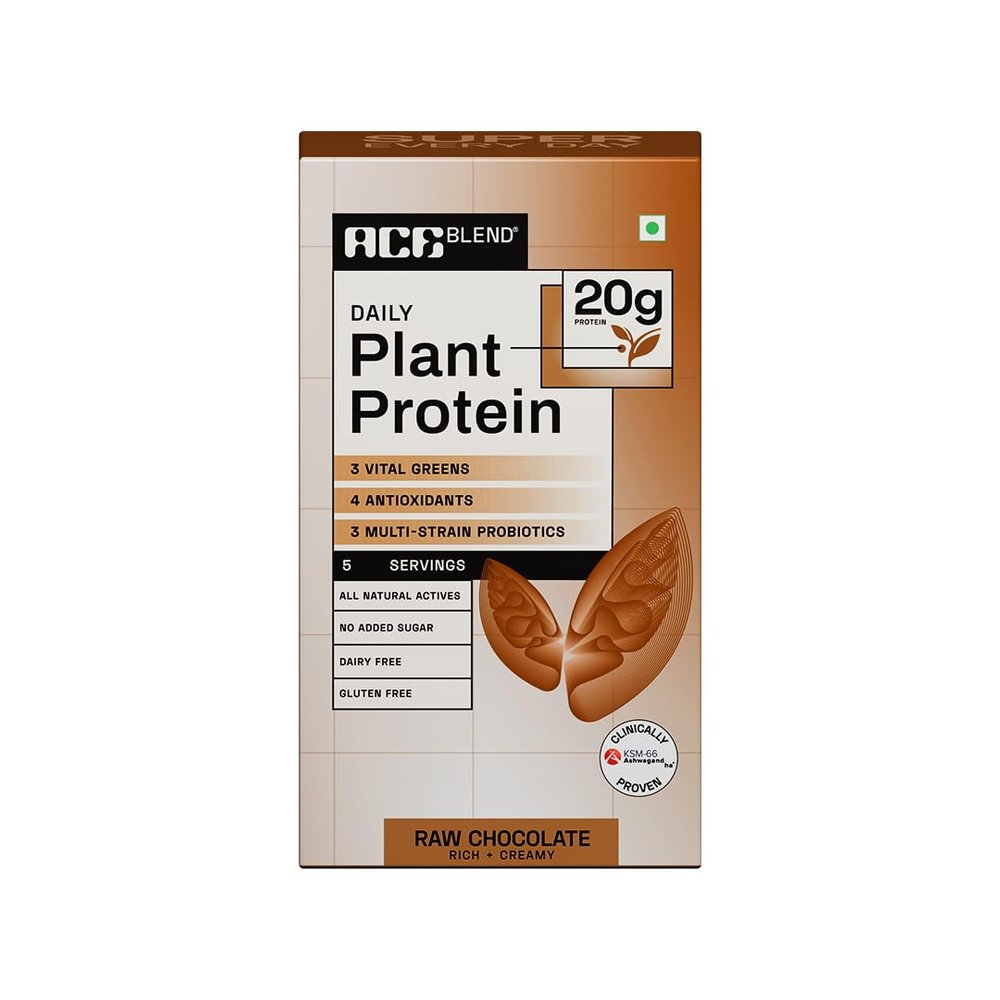 Ace Blend DAILY 20G Vegan Plant Protein Powder (5 Servings) | Raw Chocolate | 4 Vital Greens, 4 Antioxidants, 3 Probiotics | Blended for All Men & Women | 100% Gut Friendly