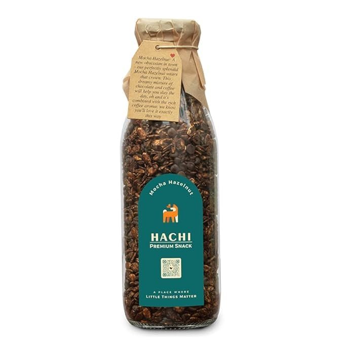 Hachi Mocha Hazelnut Granola - 500 Gm | Oats, Chocochips, Unsweetened Cocoa, Nuts & Seeds | Contains Fiber, Proteins & Healthy Fats | Gluten-Free & Vegan Friendly | No Preservative & No Sugar |