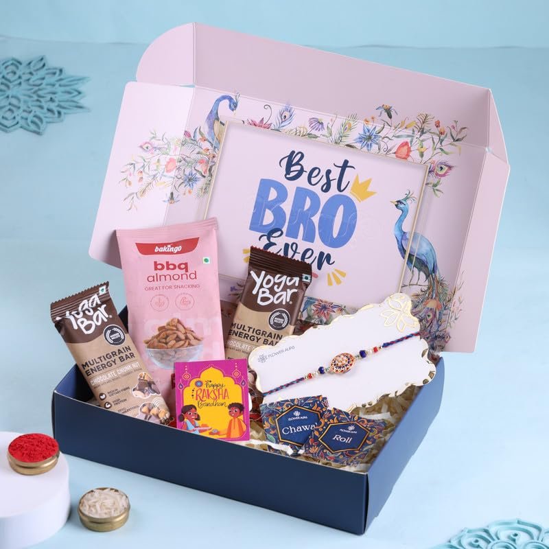 FlowerAura Premium Raksha Bandhan Hamper Include Designer Mandala Rakhi, BBQ Almonds, Set of 2 Cocolate Max Protein Bar, Roli Chawal & Rakhi Card In Box- Rakhi Gift for Brother, Bhai, Bhaiya & Cousins