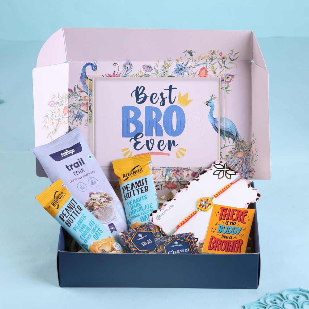 FlowerAura Premium Raksha Bandhan Hamper Include Designer Mandala Rakhi, Trial Mix, Set of 2 Protein Bar, Roli Chawal & Card In Box - Rakhi Gift for Brother, Bhai, Bhaiya & Cousins