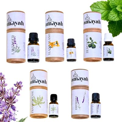 Amayah Calm & Collected - Natural Essential Oils Combo for Stress Relief, Mood Boost & Relaxation | Lavender, Patchouli, Bergamot, Ylang Ylang & Frankincense (Combo pack of 5) | 15ml Each