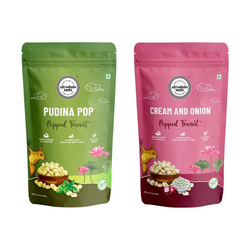 Absolute Nuts - Roasted & Flavoured Makhana | Cream & Onion, Pudina Flavour I 60g Each I Foxnuts | Gluten-Free | Healthy Snack| Puffed Snack | Cholesterol Free | Rich in Protein & Fiber | Pack of 2