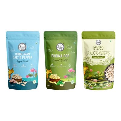 Absolute Nuts - Raw Makhana & Roasted Flavoured Makhana | Himalayan Salt & Pepper 60g, Pudina Flavour60g,Raw MAkhana 100g | Gluten-Free | Roasted in Olive Oil | Rich in Protein & Fiber | Pack of 3