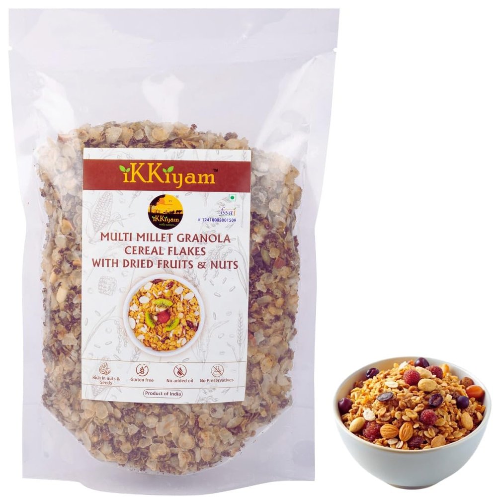 Ikkiyam Multi Millet Granola Cereal Flakes 250g | With Dried Fruits, Nuts & Palm Sugar | 100% Natural Millet Breakfast | No Preservatives | Healthy Snack for Kids & Adults