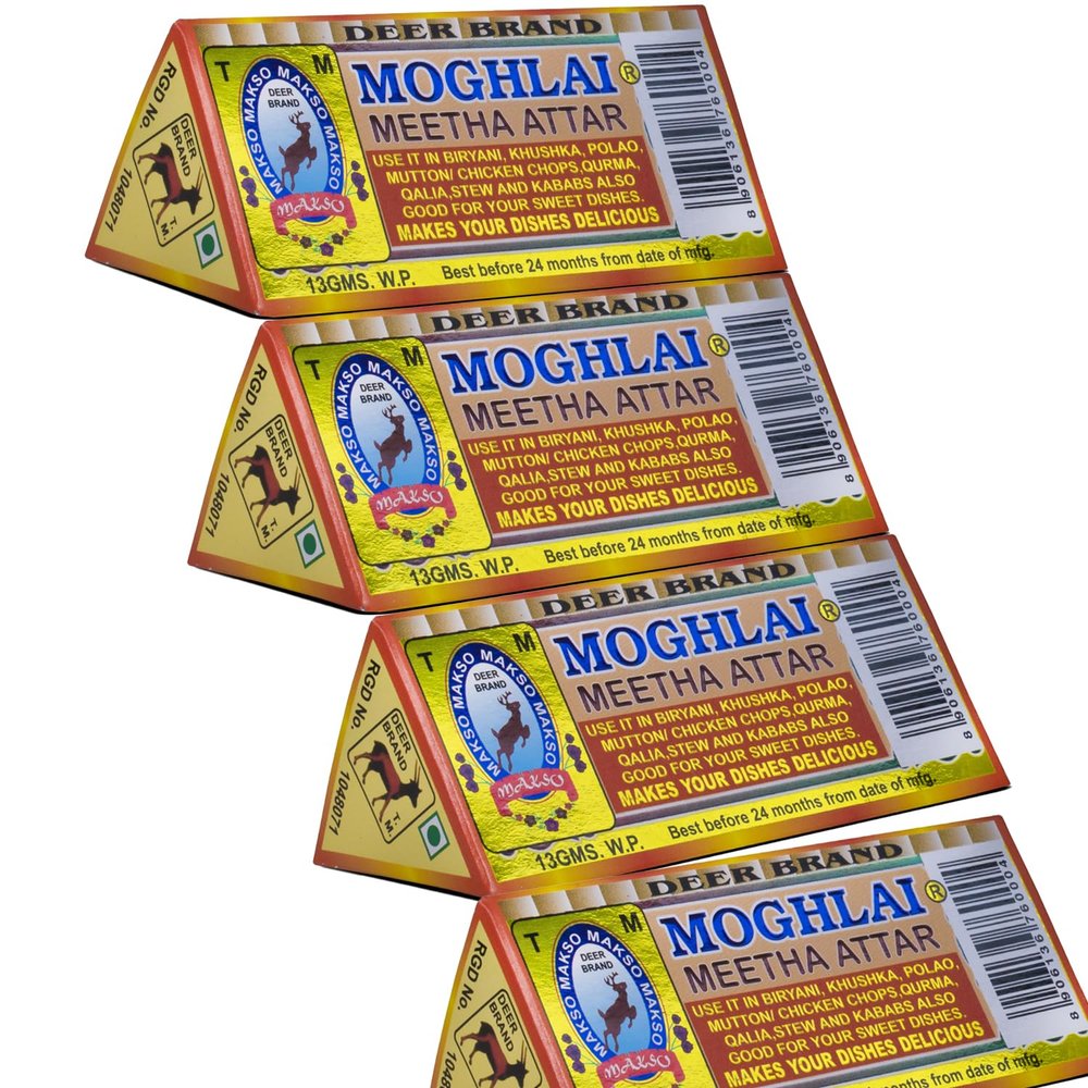 DEER BRAND Royal Mughlai Meetha (Mitha) Attar Sweet Essence(MFG by MD. Afzal & Asrar Khan Kolkata)For Biryani Biriyani, Cooking Rice Dishes, Pulao, Mutton-Chicken, Chops, Korma, Khsuka, Stew, & in Kabab (13g Pack Of 4, Mughlai Meetha Attar Biryani Es