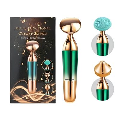 3-in-1 Electric Face Massager, Deep Cleansing and Skin Firming,Multi-Functional Beauty Device, Gold-Green