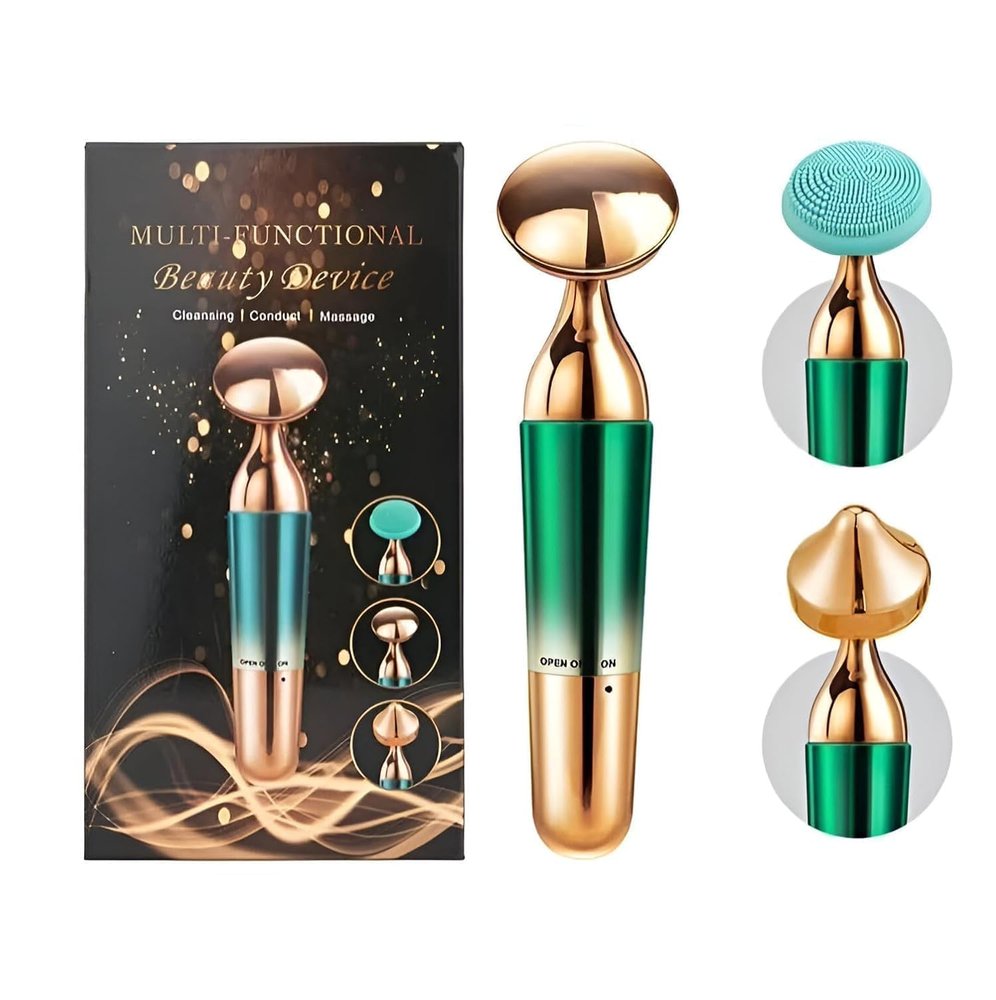 3-in-1 Electric Face Massager, Deep Cleansing and Skin Firming,Multi-Functional Beauty Device, Gold-Green