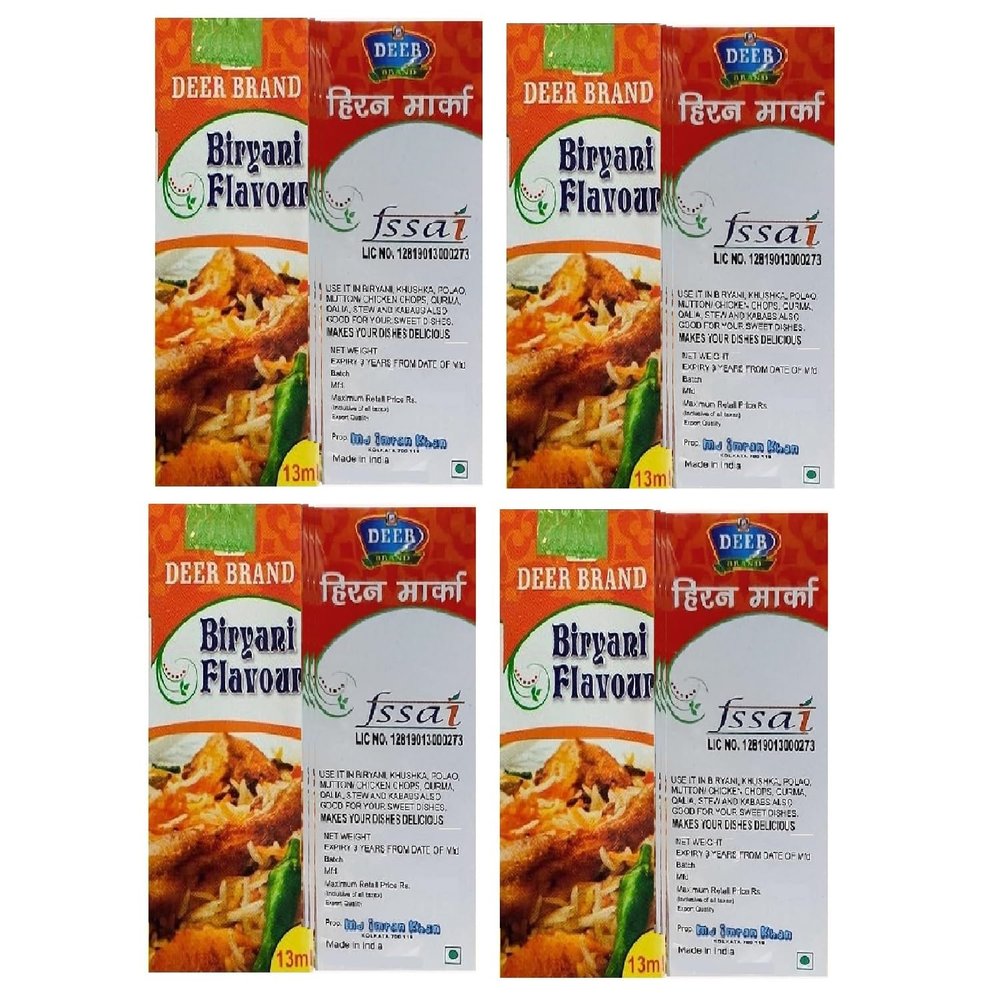 DEER BRAND Royal Mughlai Meetha (Mitha) Attar Sweet Essence(MFG by MD. Afzal & Asrar Khan Kolkata)For Biryani Biriyani, Cooking Rice Dishes, Pulao, Mutton-Chicken, Chops, Korma, Khsuka, Stew, & in Kabab (13g Pack Of 4, Biryani Flavour Liquid (Basmati
