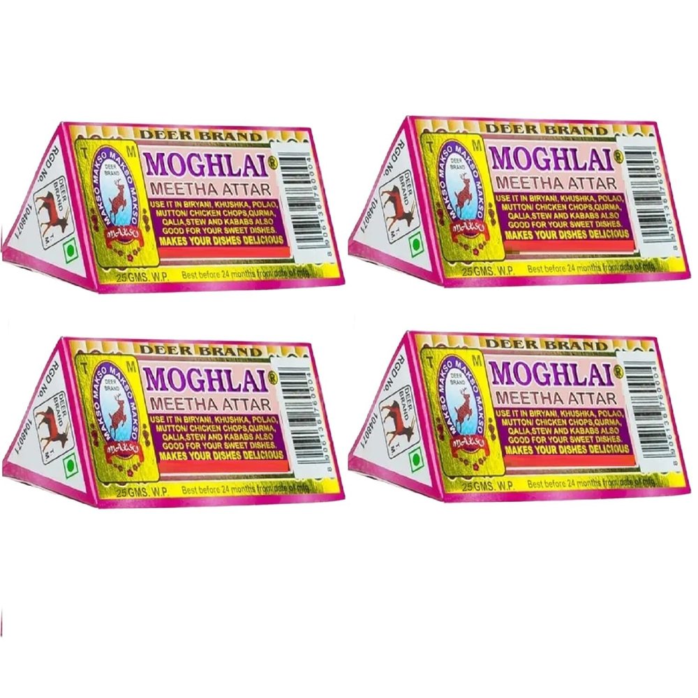 DEER BRAND Royal Mughlai Meetha (Mitha) Attar Sweet Essence(MFG by MD. Afzal & Asrar Khan Kolkata)For Biryani Biriyani, Cooking Rice Dishes, Pulao, Mutton-Chicken, Chops, Korma, Khsuka, Stew, & in Kabab (25g Pack Of 4, Mughlai Meetha Attar Biryani Es
