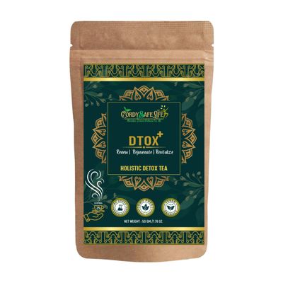 Cordysafelife Dtox+ Herbal Tea Blend | Gut Cleanse & Detox | Caffeine-Balanced with 21 Herbs, | 50g Loose Leaf | 25 servings