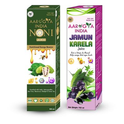 Aarogya India Combo Jamun Karela Juice & Noni Juice, 500 ML Ayurvedic Juice for Diabetes Care | Helps Control Blood Sugar & Cholesterol | Supports Digestion & Metabolism | Natural Health Tonic |Immunity Booster, Natural Detoxifier Wellness Drink