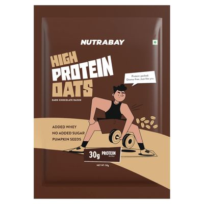 Nutrabay High Protein Oats - 50g, Dark Chocolate Raisin | 30g Highest Protein Oats Ever with Whey Protein Concentrate & Pea Protein Isolate | Zero Added Sugar