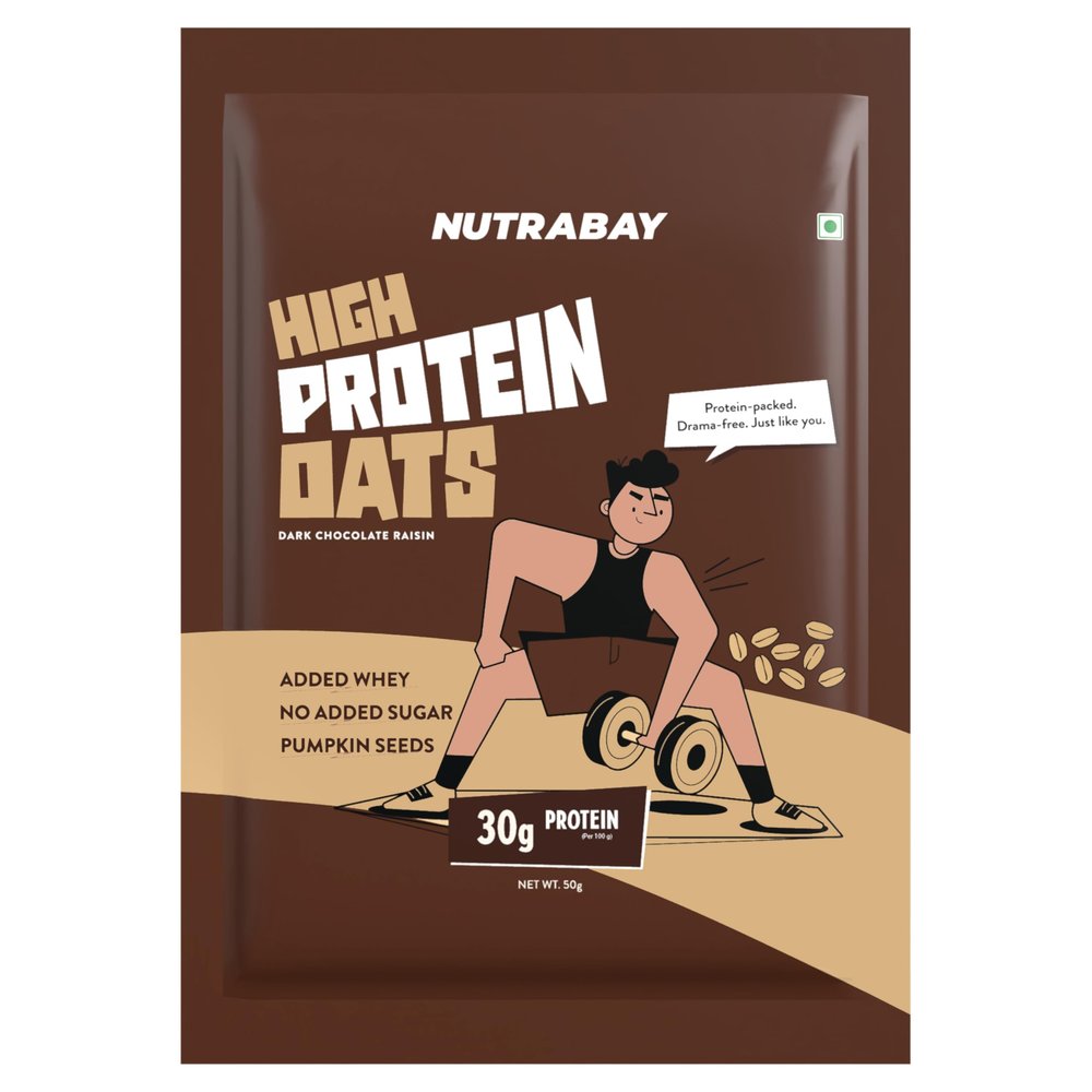 Nutrabay High Protein Oats - 50g, Dark Chocolate Raisin | 30g Highest Protein Oats Ever with Whey Protein Concentrate & Pea Protein Isolate | Zero Added Sugar
