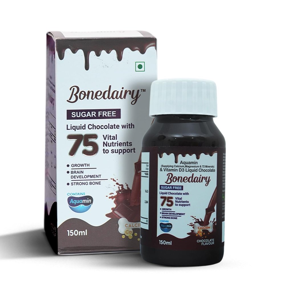 Bonedairy Sugar-Free Liquid Chocolate Supplement with Aquamin | Nutrients for Growth, Brain Development & Strong Bones | Calcium & Vitamin D3 | 150ml