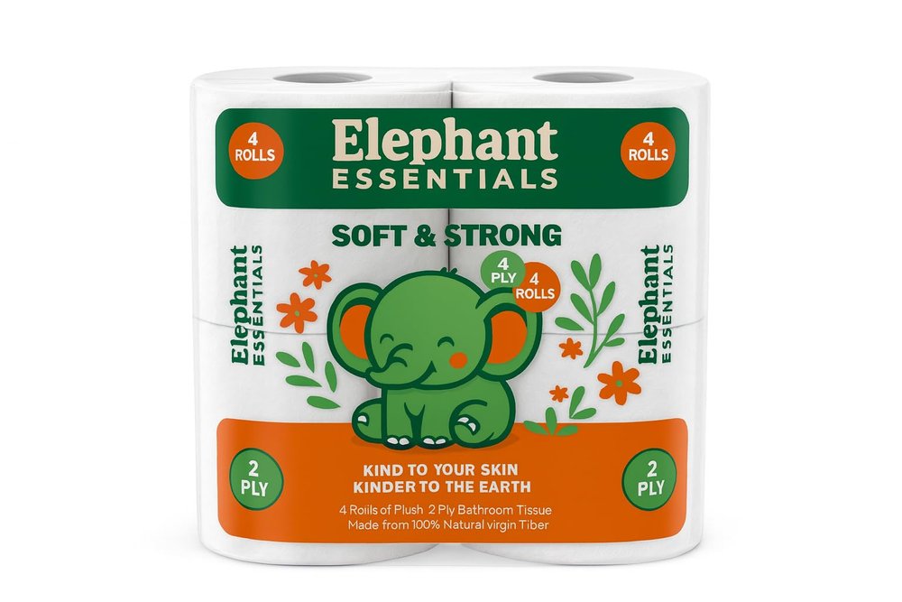 Elephant Essentials Soft & Strong Toilet Paper Rolls | 4 Pack Premium 2-Ply Bath Tissue | Ultra Soft, Durable & Highly Absorbent | Eco-Friendly Family Toilet Tissue