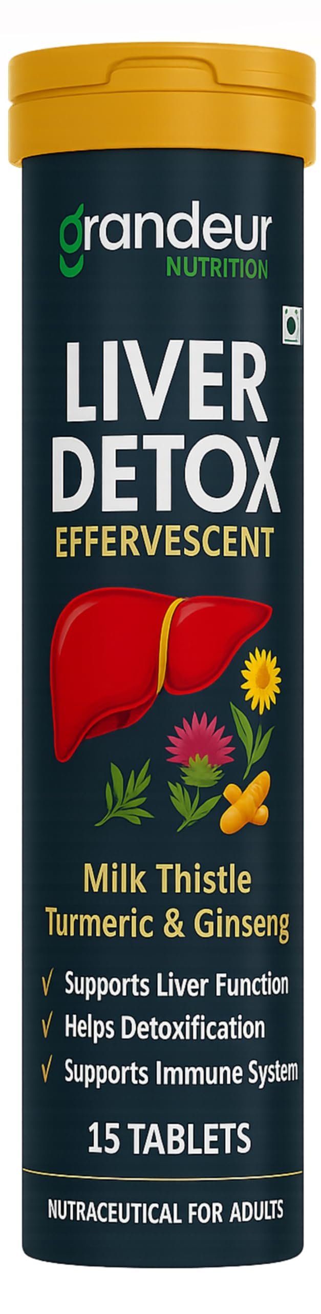 Grandeur Liver Detox Supplement | Effervescent Liver DetoxTablets with Milk Thistle, Ginseng & Turmeric Lemon Flavor Supports Liver Health & Detox, Boosts Immunity 15 Sugar-Free Tablets