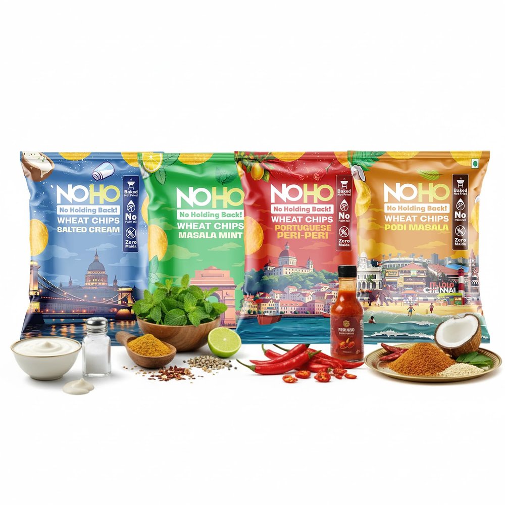 NoHo Baked Wheat Chips | Coolest & Sassiest Snack in Town | 4 Crazy Bold Flavours | Healthy Crunchy Chips | Goodness of Olive Oil | Snack Combo for Adults | No Maida, No Palm Oil, Not Fried | 220 g (Pack of 4)