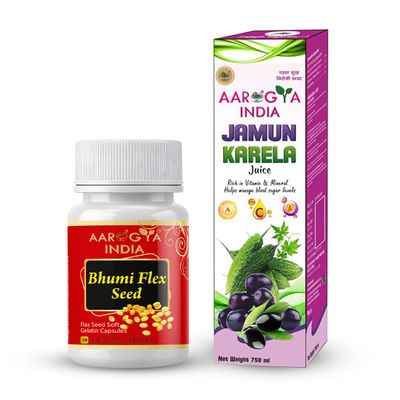 Aarogya India Combo Bhumi Flax Seed Veg Omega 3, 500mg- 30 Capsules & Karela Jamun Juice 500 ml | Flax Seed Capsules Vitamins & Minerals | Enriched With Essential Omega Fatty Acid | 100% Vegetarian