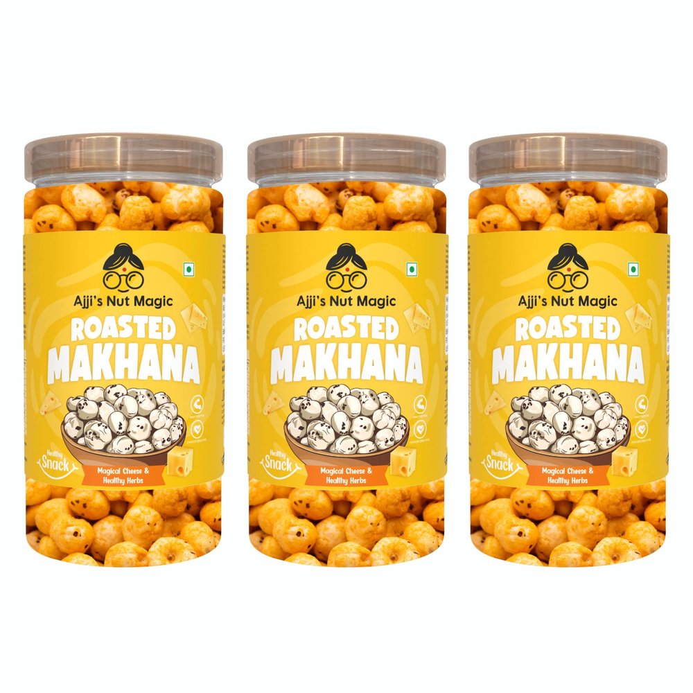Ajji's Nut Magic Roasted Makhana Magical Cheese & Healthy Herbs | Flavored Healthy & Crunchy Snacks | Puffed Kernels Fresh Fox Nuts, Ready to Eat | Roasted Flavored Makhana Mix lotus seeds | Savory Snack, Crunchy & Flavorful (Pack of 3)-210g