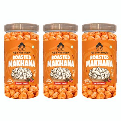 Ajji's Nut Magic Roasted Makhana Peri Peri Punch | Flavored Healthy & Crunchy Snacks | Puffed Kernels Fresh Fox Nuts, Ready to Eat | Roasted Flavored Makhana Mix lotus seeds | Savory Snack, Crunchy & Flavorful (Pack of 3)-140g