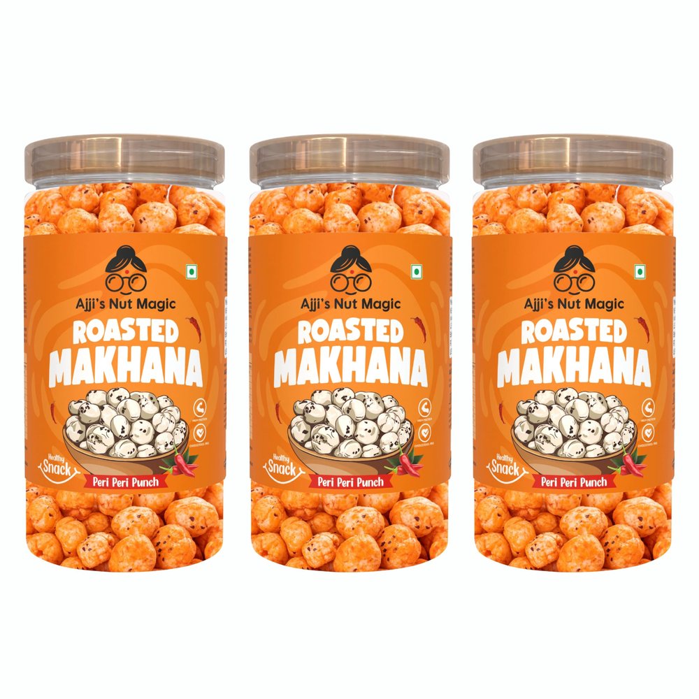 Ajji's Nut Magic Roasted Makhana Peri Peri Punch | Flavored Healthy & Crunchy Snacks | Puffed Kernels Fresh Fox Nuts, Ready to Eat | Roasted Flavored Makhana Mix lotus seeds | Savory Snack, Crunchy & Flavorful (Pack of 3)-140g