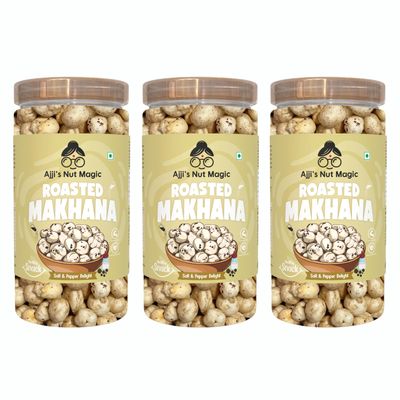 Ajji's Nut Magic Roasted Makhana Salt & Pepper Delight | Flavored Healthy & Crunchy Snacks | Puffed Kernels Fresh Fox Nuts, Ready to Eat | Roasted Flavored Makhana Mix lotus seeds | Savory Snack, Crunchy & Flavorful (Pack of 3)-210g