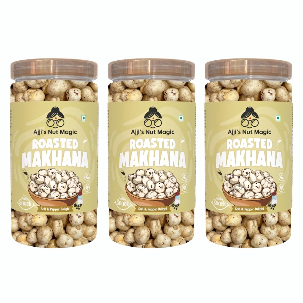 Ajji's Nut Magic Roasted Makhana Salt & Pepper Delight | Flavored Healthy & Crunchy Snacks | Puffed Kernels Fresh Fox Nuts, Ready to Eat | Roasted Flavored Makhana Mix lotus seeds | Savory Snack, Crunchy & Flavorful (Pack of 3)-210g
