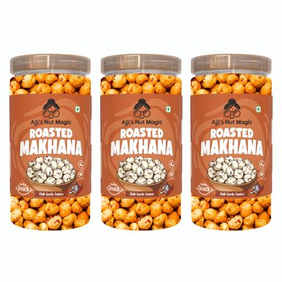 Ajji's Nut Magic Roasted Makhana Chilli Garlic Fusion | Flavored Healthy & Crunchy Snacks | Puffed Kernels Fresh Fox Nuts, Ready to Eat | Roasted Flavored Makhana Mix lotus seeds | Savory Snack, Crunchy & Flavorful (Pack of 3)-210g