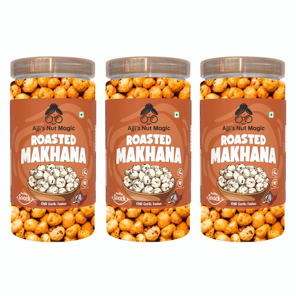 Ajji's Nut Magic Roasted Makhana Chilli Garlic Fusion | Flavored Healthy & Crunchy Snacks | Puffed Kernels Fresh Fox Nuts, Ready to Eat | Roasted Flavored Makhana Mix lotus seeds | Savory Snack, Crunchy & Flavorful (Pack of 3)-210g