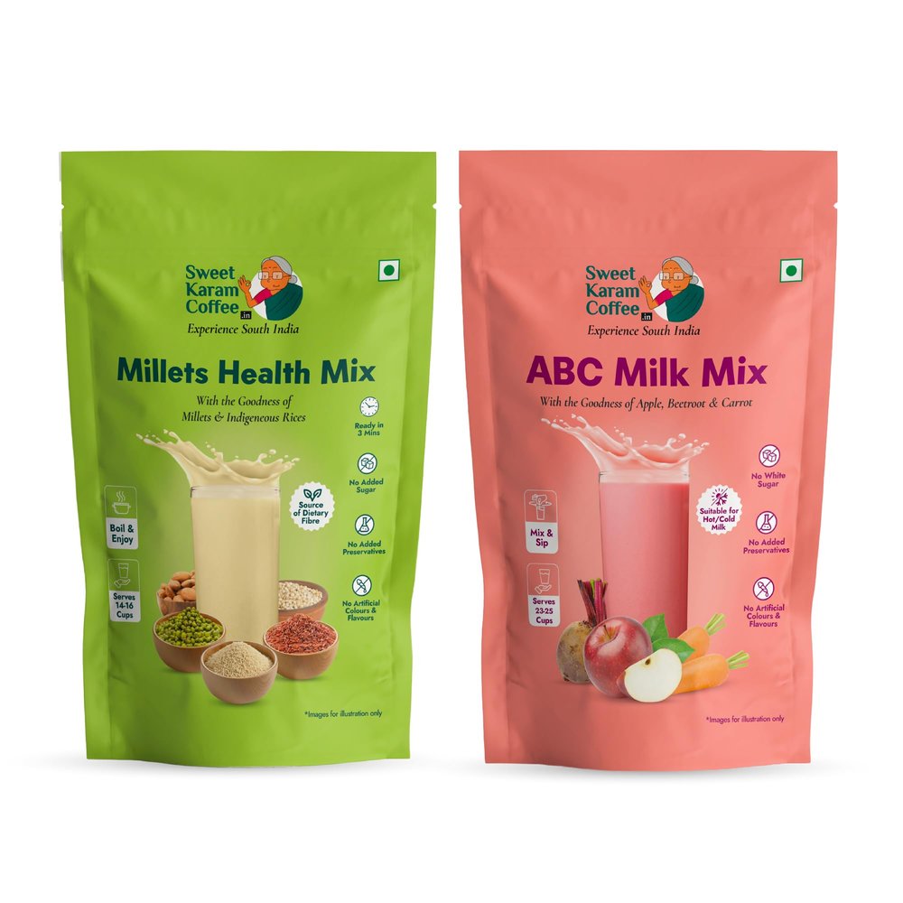 Sweet Karam Coffee ABC Nutri Mix + Millets Health Milk Mixes Combo  Pack of 2 (250g Each) | 100% Natural | No Refined Sugar | Rich in Fiber & Calcium | Healthy Nutritional Drink for Kids & Adults