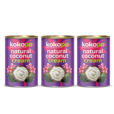 KOKOPO Natural Coconut Cream Triple Pack (3 x 400ml) | Thick & Ultra-Creamy | Pure, Vegan & Lactose-Free | Ideal for Curries, Desserts, Sauces & Baking | No Preservatives